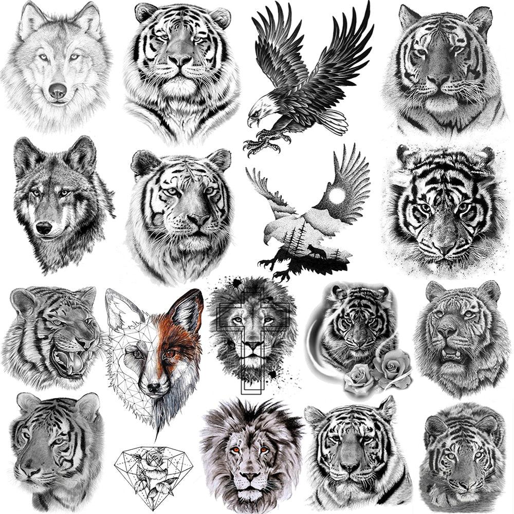 Luxury Tiger Temporary Tattoos Fox Wolf Fake Tattoo Sticker Realistic Black Animal Temporary Tattoo Stickers For Mens