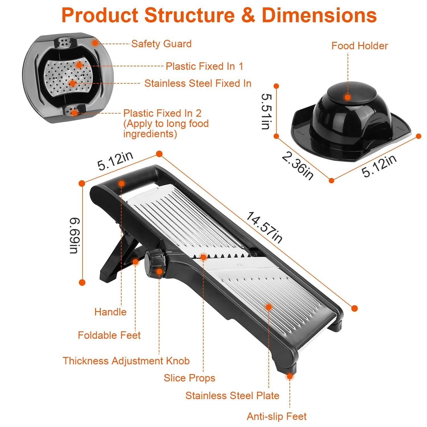 Mandoline Stainless Steel Food Slicer with 5 Adjustable Blades