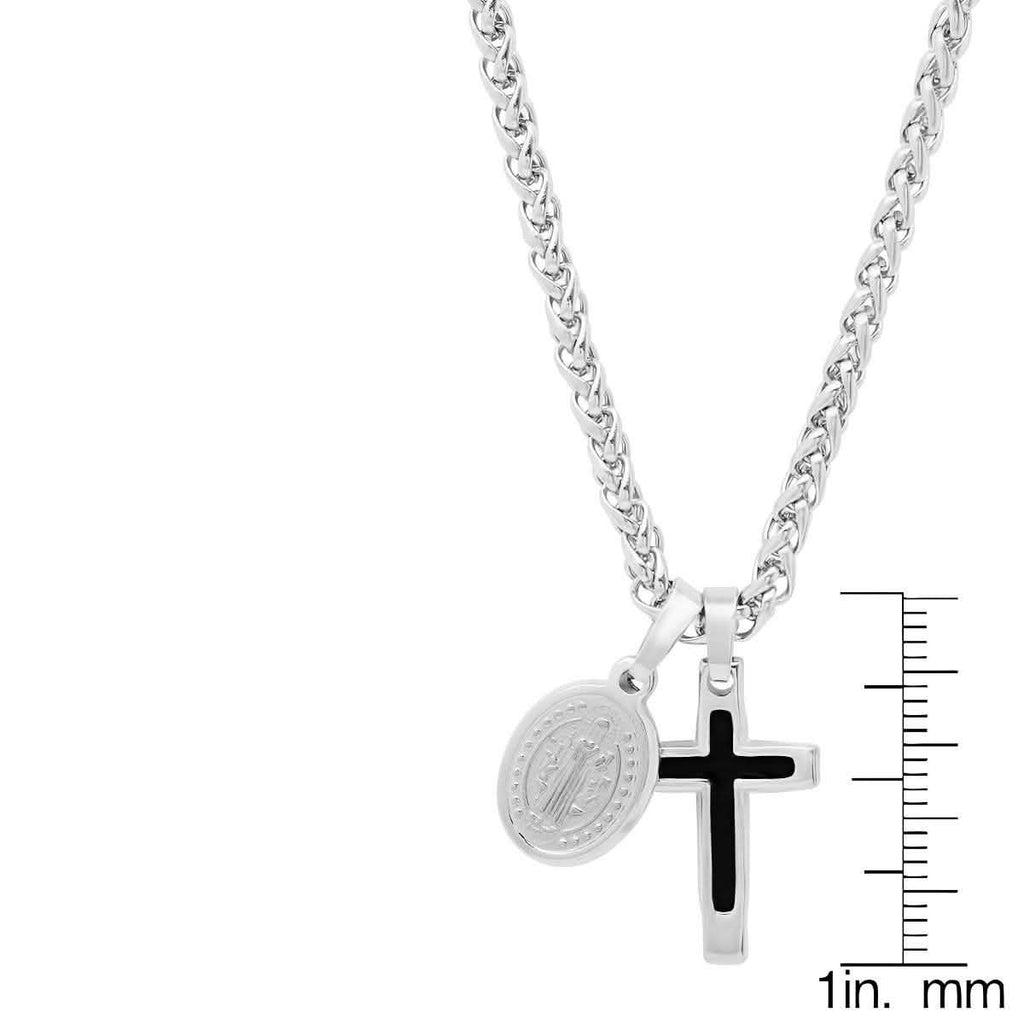 Men Stainless Steel Necklace with Cross and St. Benedict Pendants