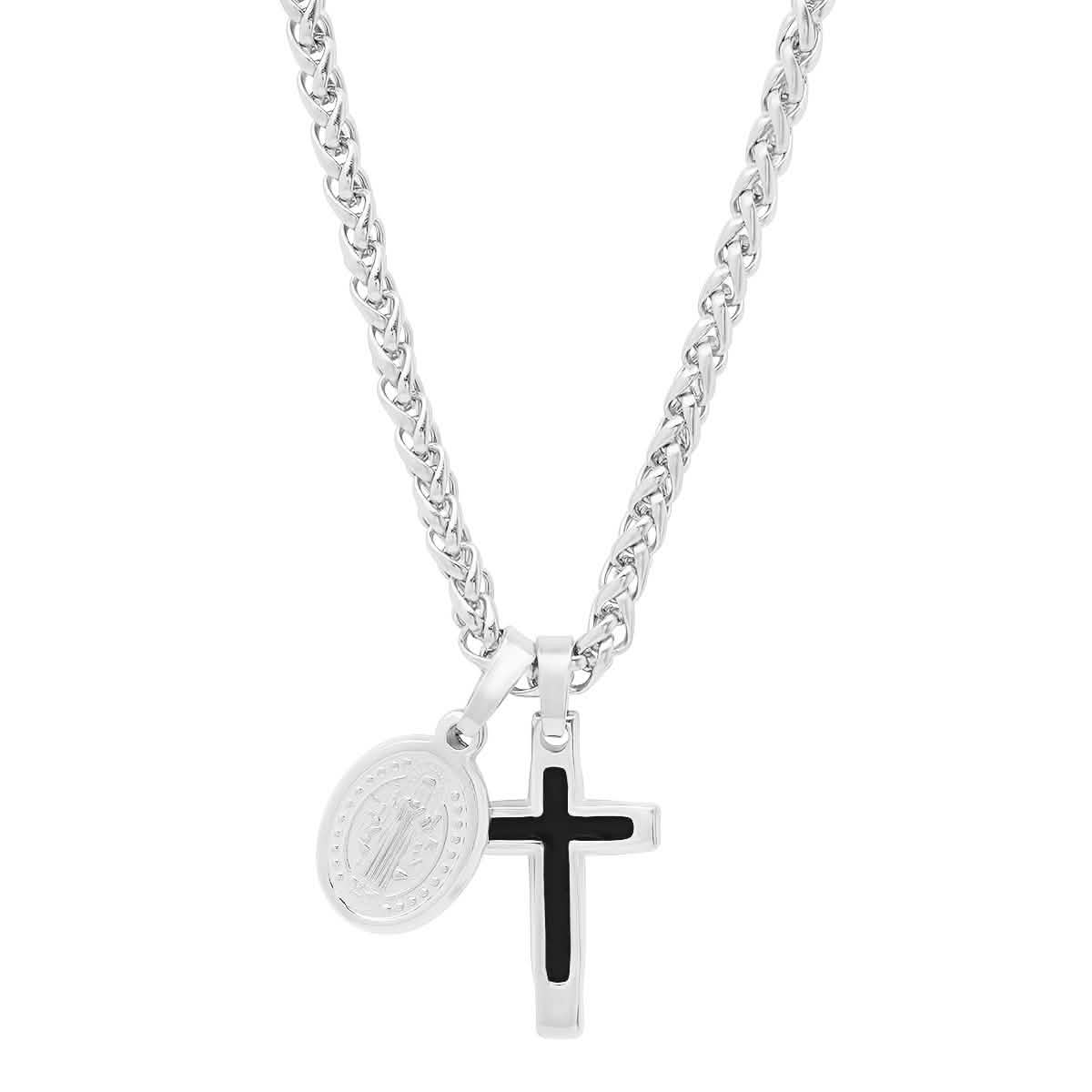 Men Stainless Steel Necklace with Cross and St. Benedict Pendants