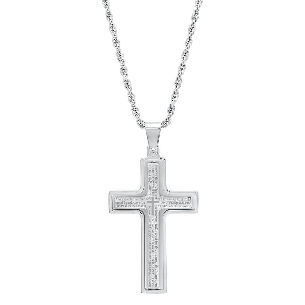 Men Stainless Steel Our Father English Prayer Rotating Cross Pendant