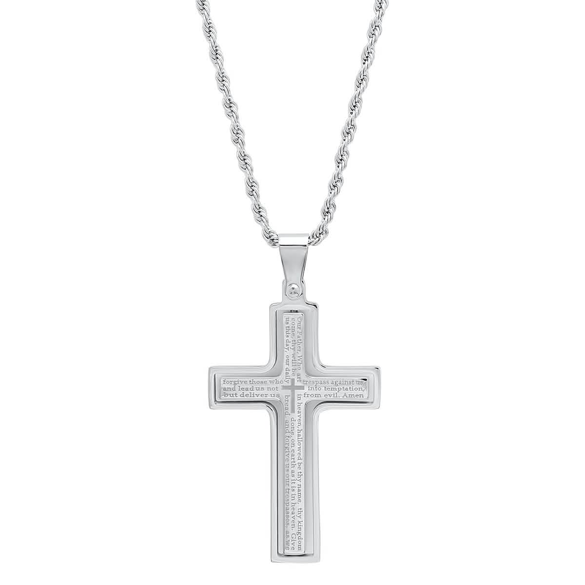 Men Stainless Steel Our Father English Prayer Rotating Cross Pendant