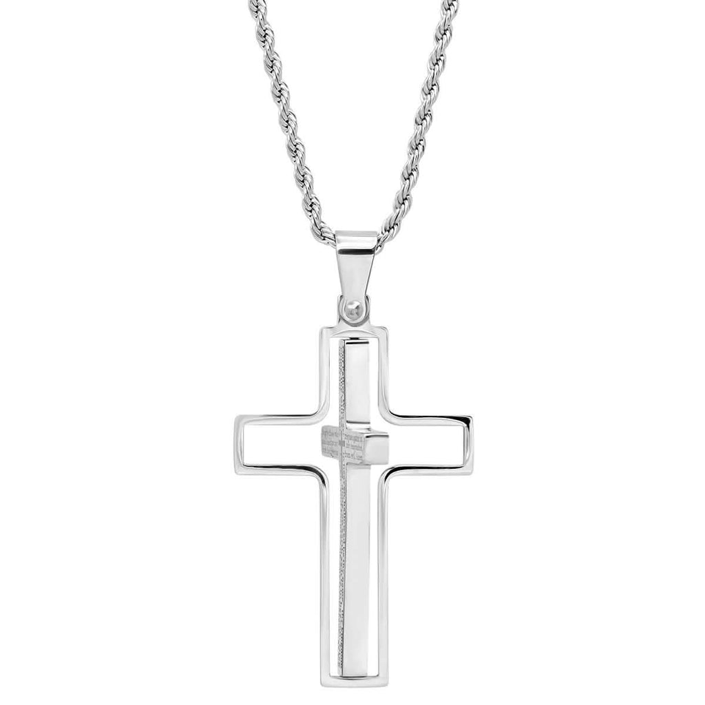 Men Stainless Steel Our Father English Prayer Rotating Cross Pendant