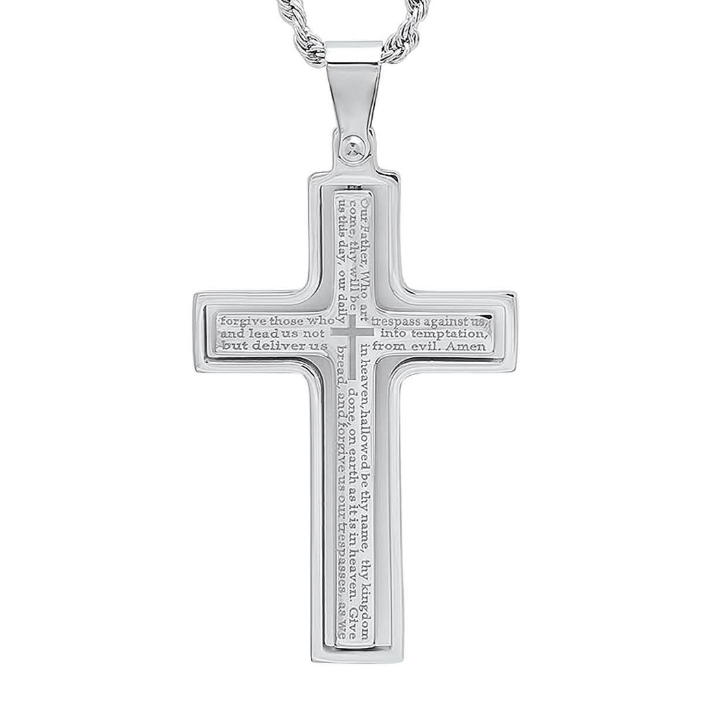 Men Stainless Steel Our Father English Prayer Rotating Cross Pendant
