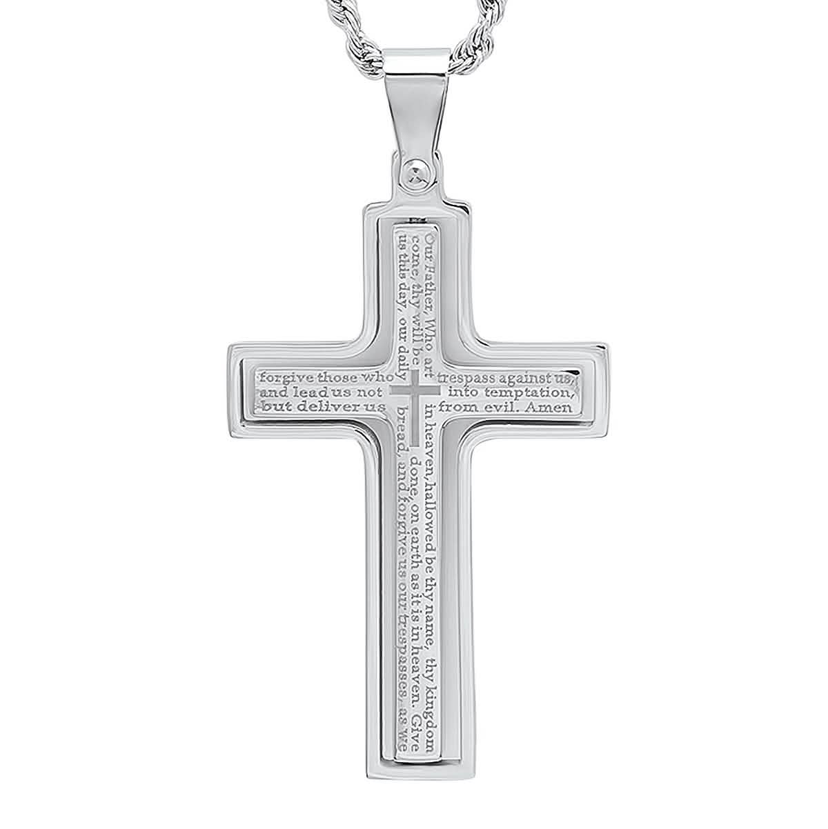 Men Stainless Steel Our Father English Prayer Rotating Cross Pendant
