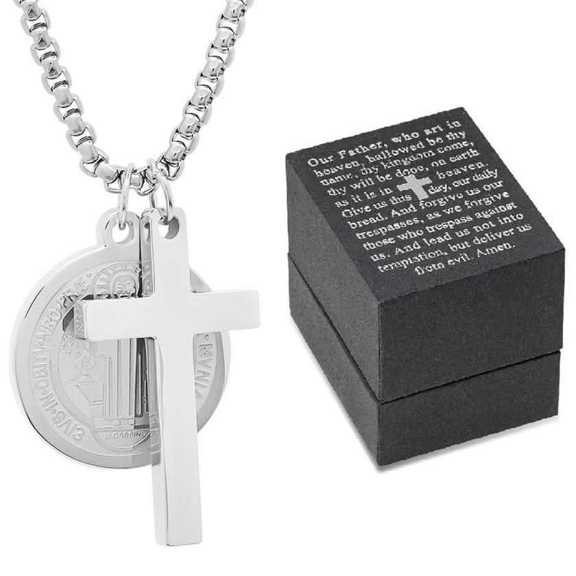 Men Stainless Steel Saint Benedict and Cross Charm with Prayer Gift Box