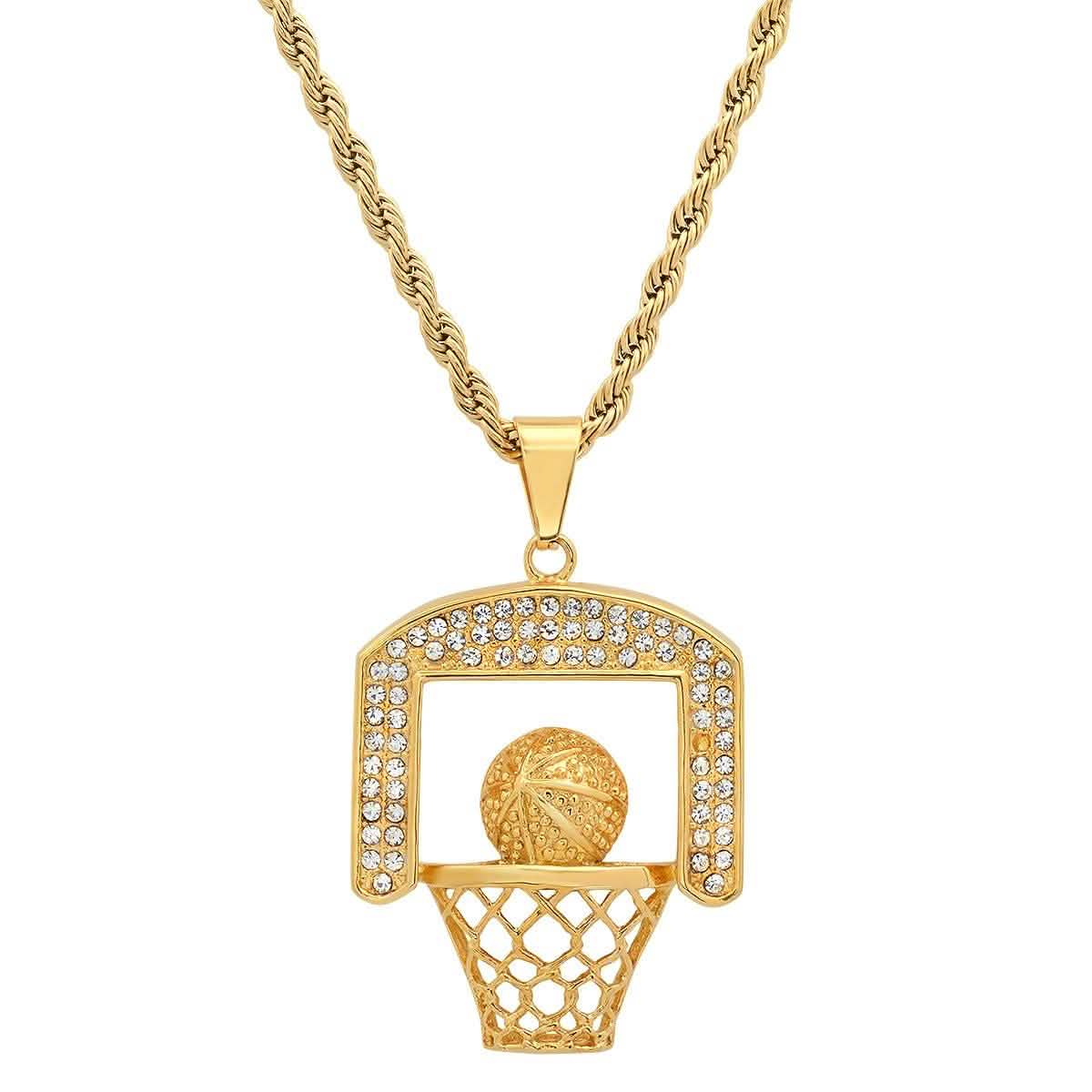 Men's 18k Gold Plated Stainless Steel and Simulated Diamonds Basketball Pendant