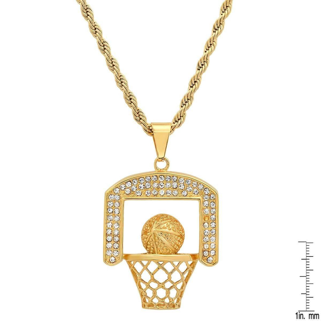 Men's 18k Gold Plated Stainless Steel and Simulated Diamonds Basketball Pendant