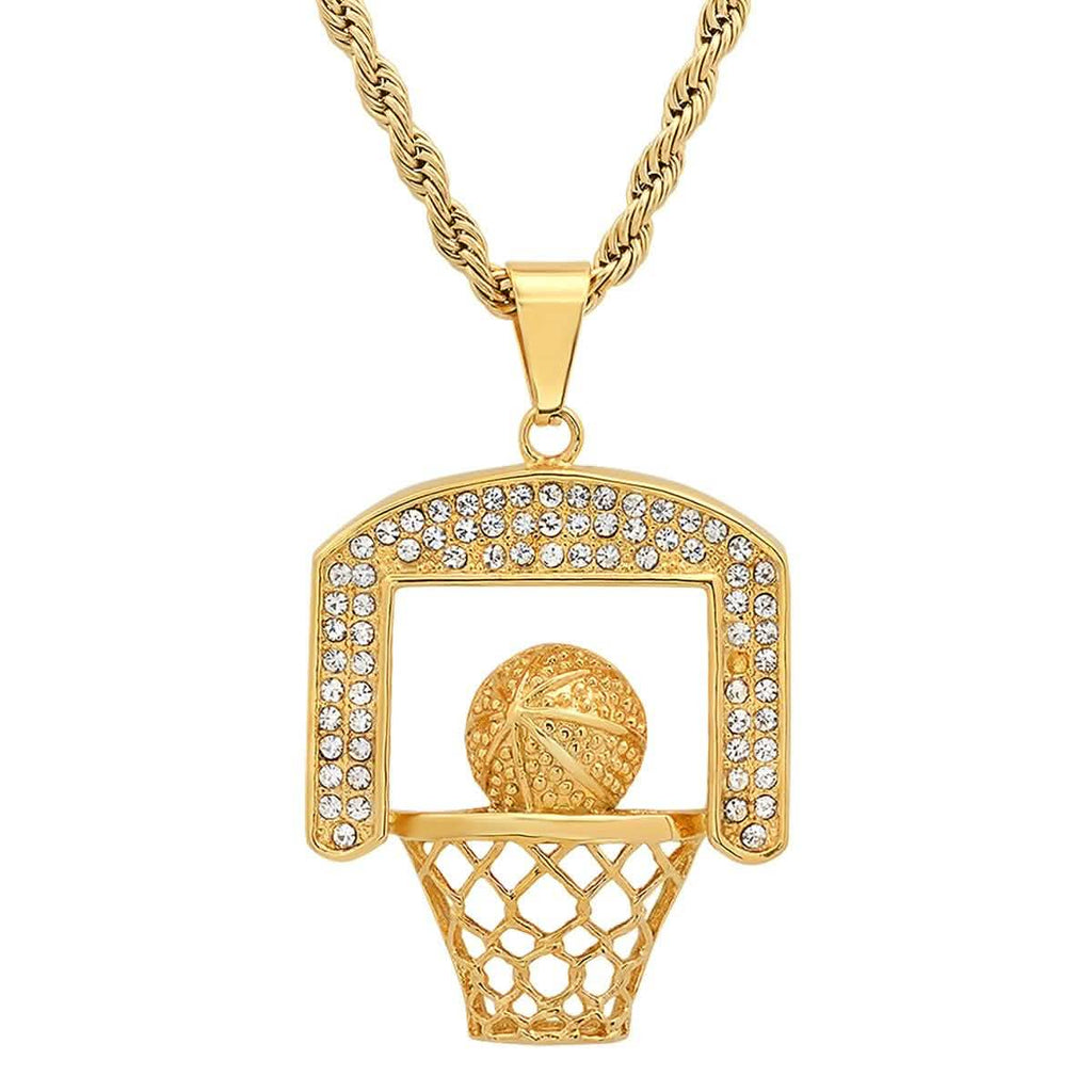 Men's 18k Gold Plated Stainless Steel and Simulated Diamonds Basketball Pendant