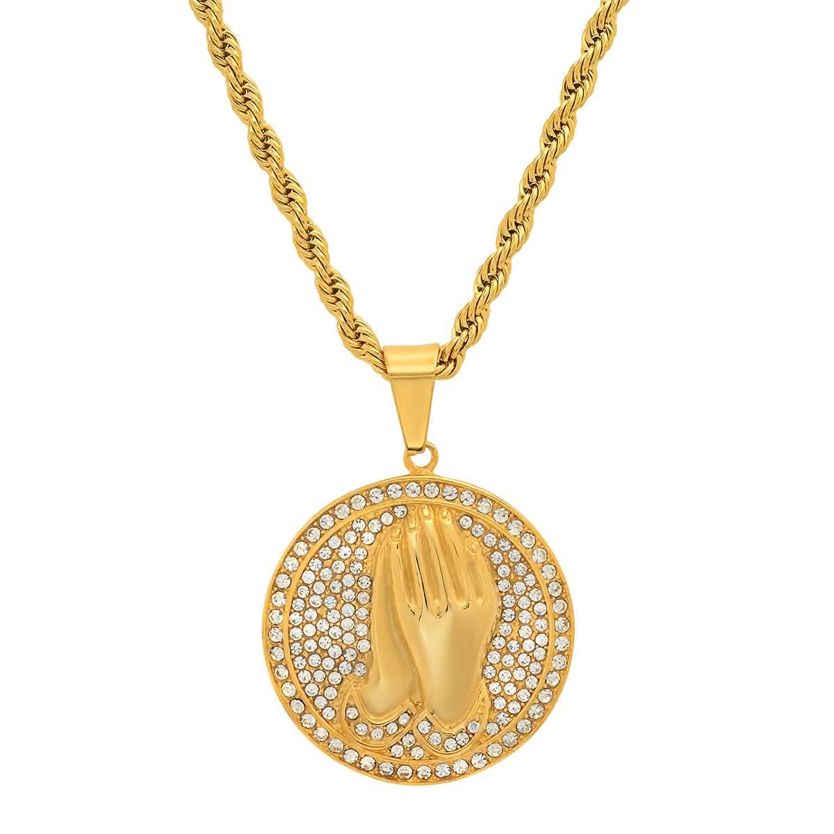 Men's 18k Gold Plated Stainless Steel and Simulated Diamonds Prayer Hands Pendant