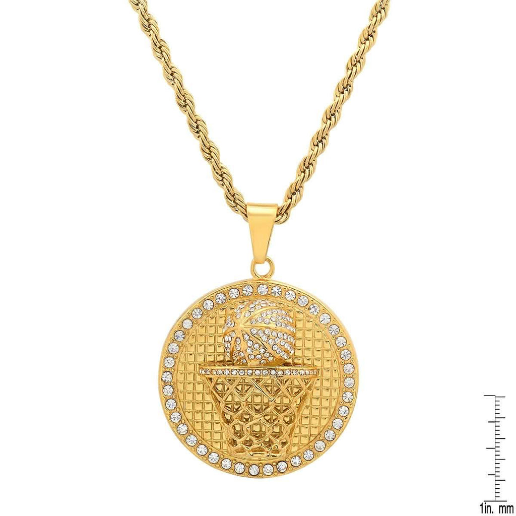 Men's 18k Gold Plated Stainless Steel and Simulated Diamonds Round Basketball Pendant