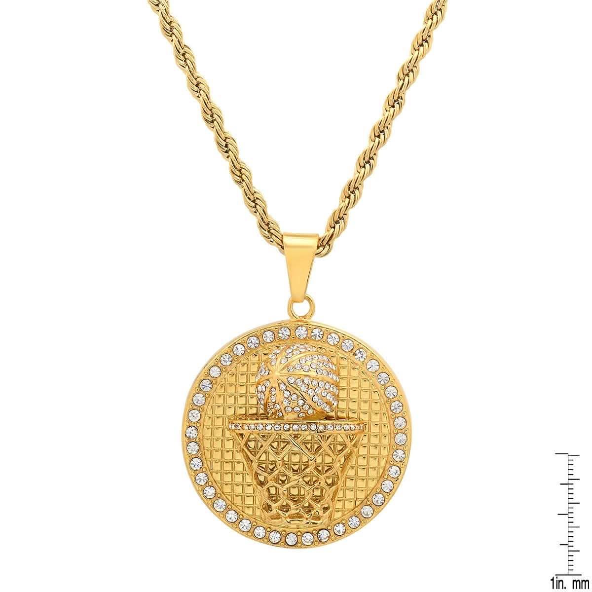 Men's 18k Gold Plated Stainless Steel and Simulated Diamonds Round Basketball Pendant