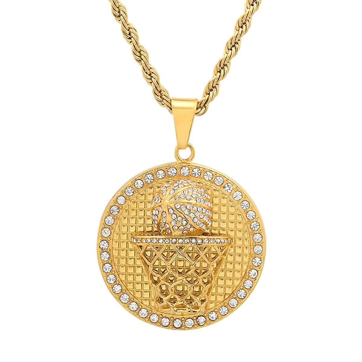 Men's 18k Gold Plated Stainless Steel and Simulated Diamonds Round Basketball Pendant
