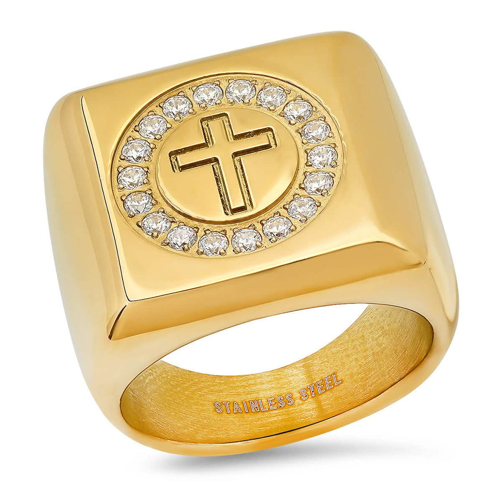 Men's 18k Gold Plated Stainless Steel and Simulated Diamonds Square Cross Ring