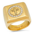 Men's 18k Gold Plated Stainless Steel and Simulated Diamonds Square Cross Ring