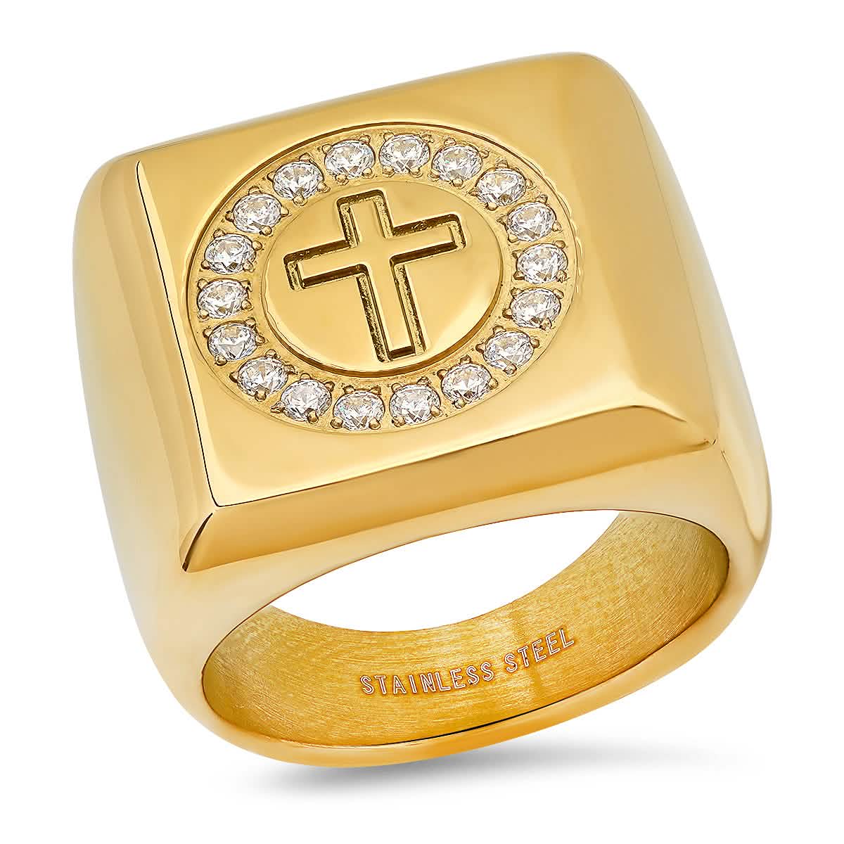 Men's 18k Gold Plated Stainless Steel and Simulated Diamonds Square Cross Ring