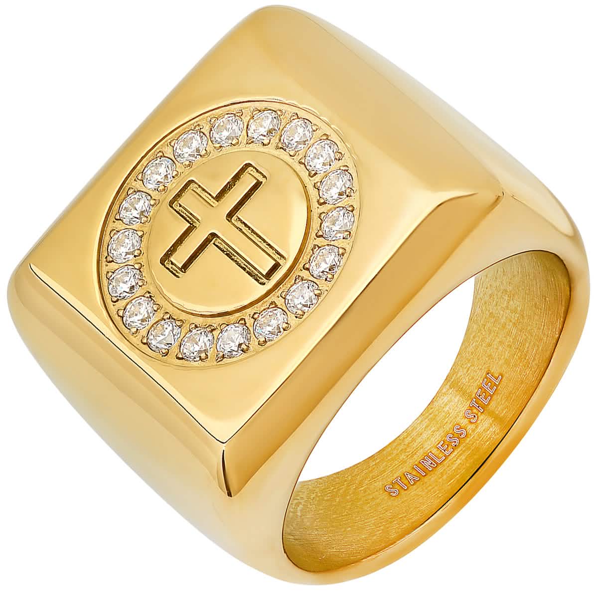 Men's 18k Gold Plated Stainless Steel and Simulated Diamonds Square Cross Ring
