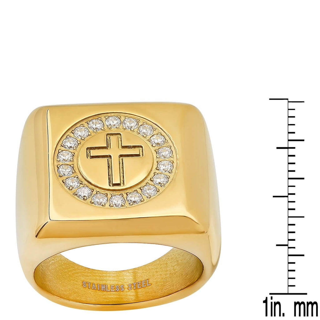 Men's 18k Gold Plated Stainless Steel and Simulated Diamonds Square Cross Ring