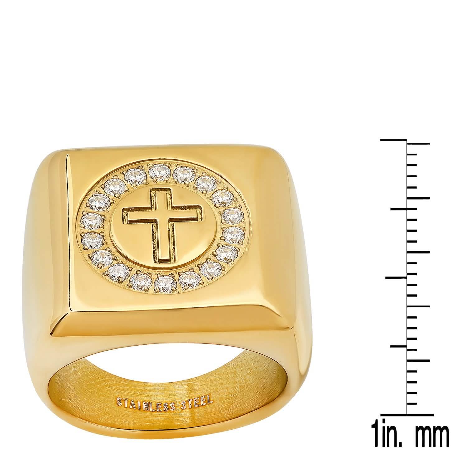 Men's 18k Gold Plated Stainless Steel and Simulated Diamonds Square Cross Ring