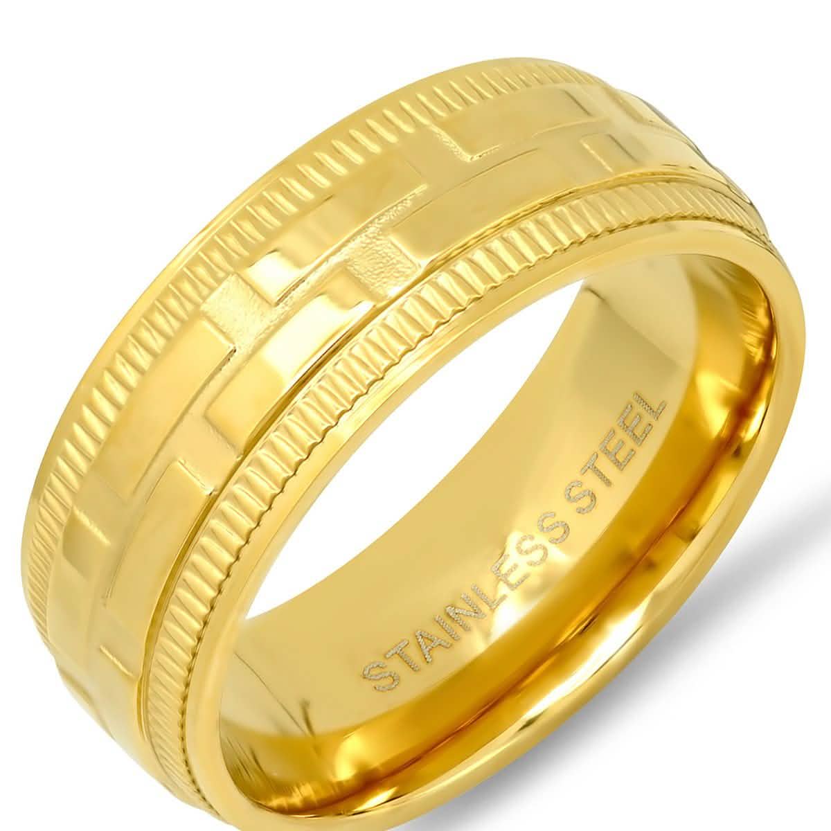 Men's 18K Gold Plated Stainless Steel Brick Pattern Ring
