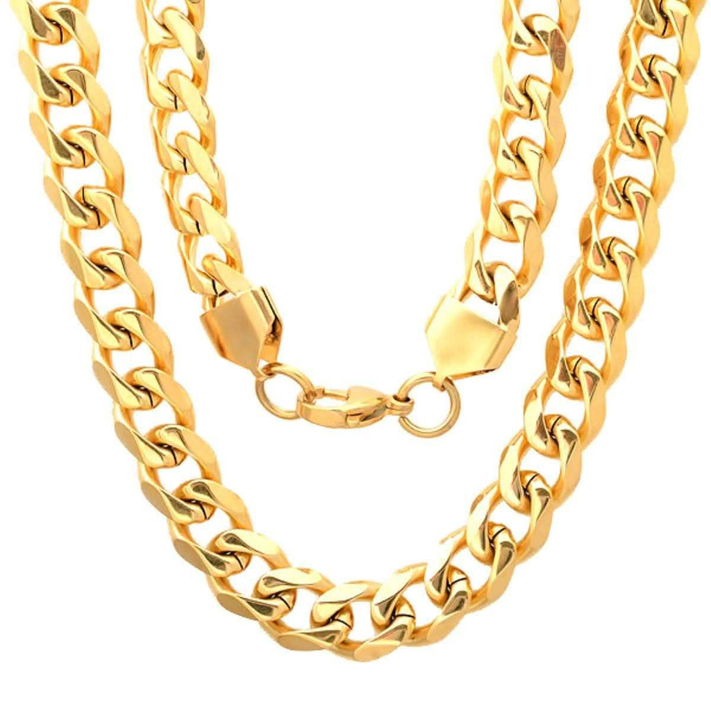 Men's 18k Gold Plated Stainless Steel Cuban Link Chain Bracelet/Necklace Set