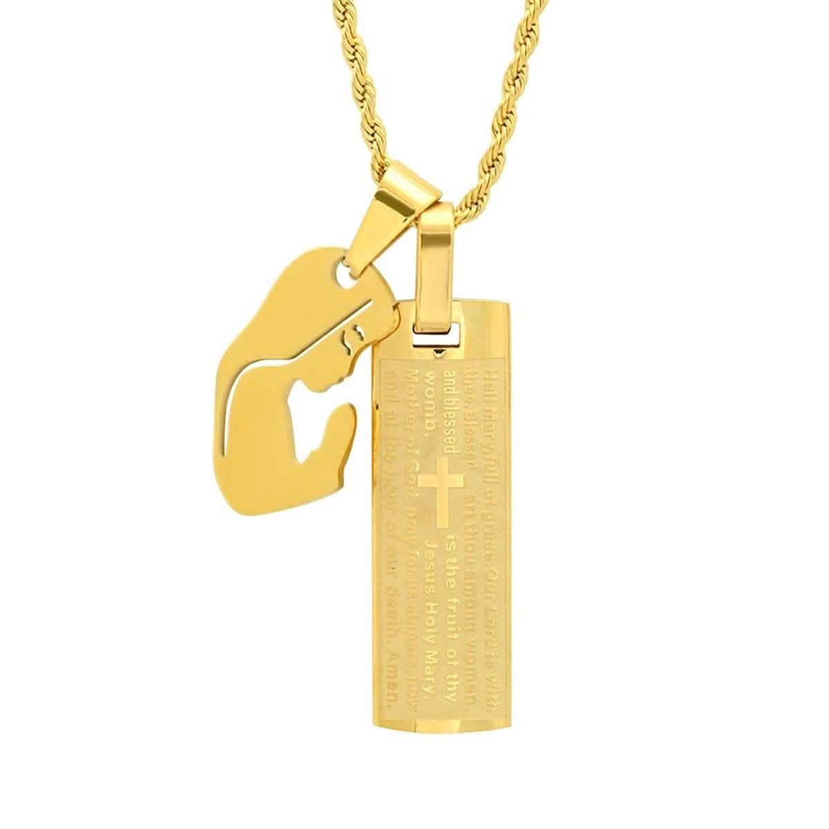 Men's 18K Gold Plated Stainless Steel Dog Tag Our Father English Prayer and Hail Mary Pendant