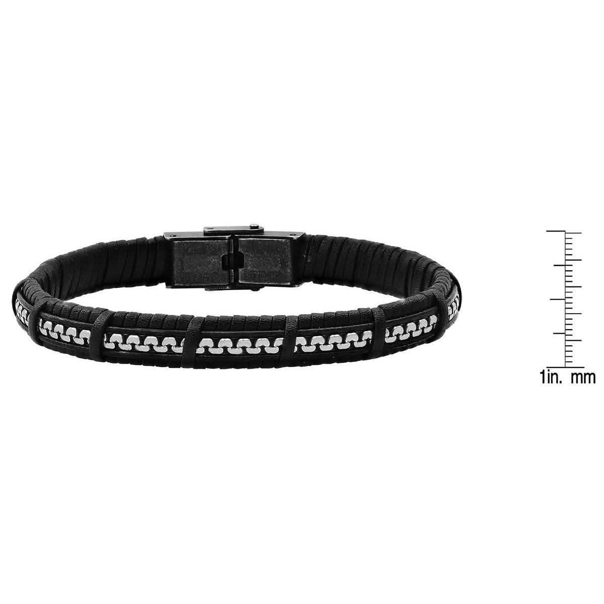 Men's Black Braided Leather and Inlay Stainless Steel Box Chain Bracelet