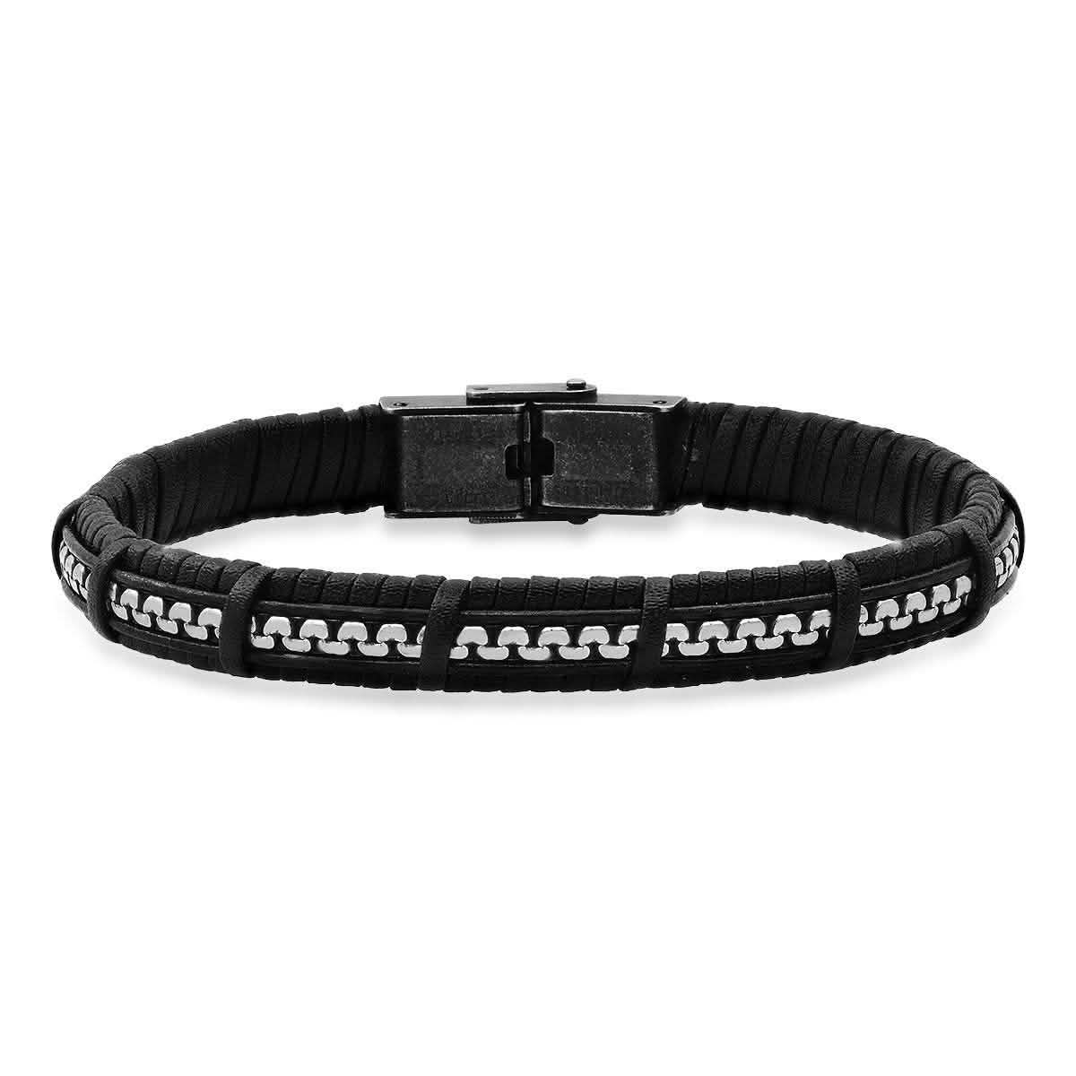 Men's Black Braided Leather and Inlay Stainless Steel Box Chain Bracelet