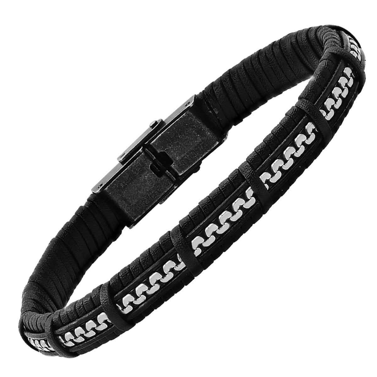 Men's Black Braided Leather and Inlay Stainless Steel Box Chain Bracelet