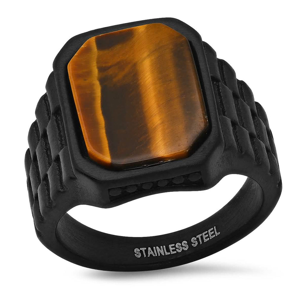 Men's Black IP Stainless Steel and Tiger Eye Ring