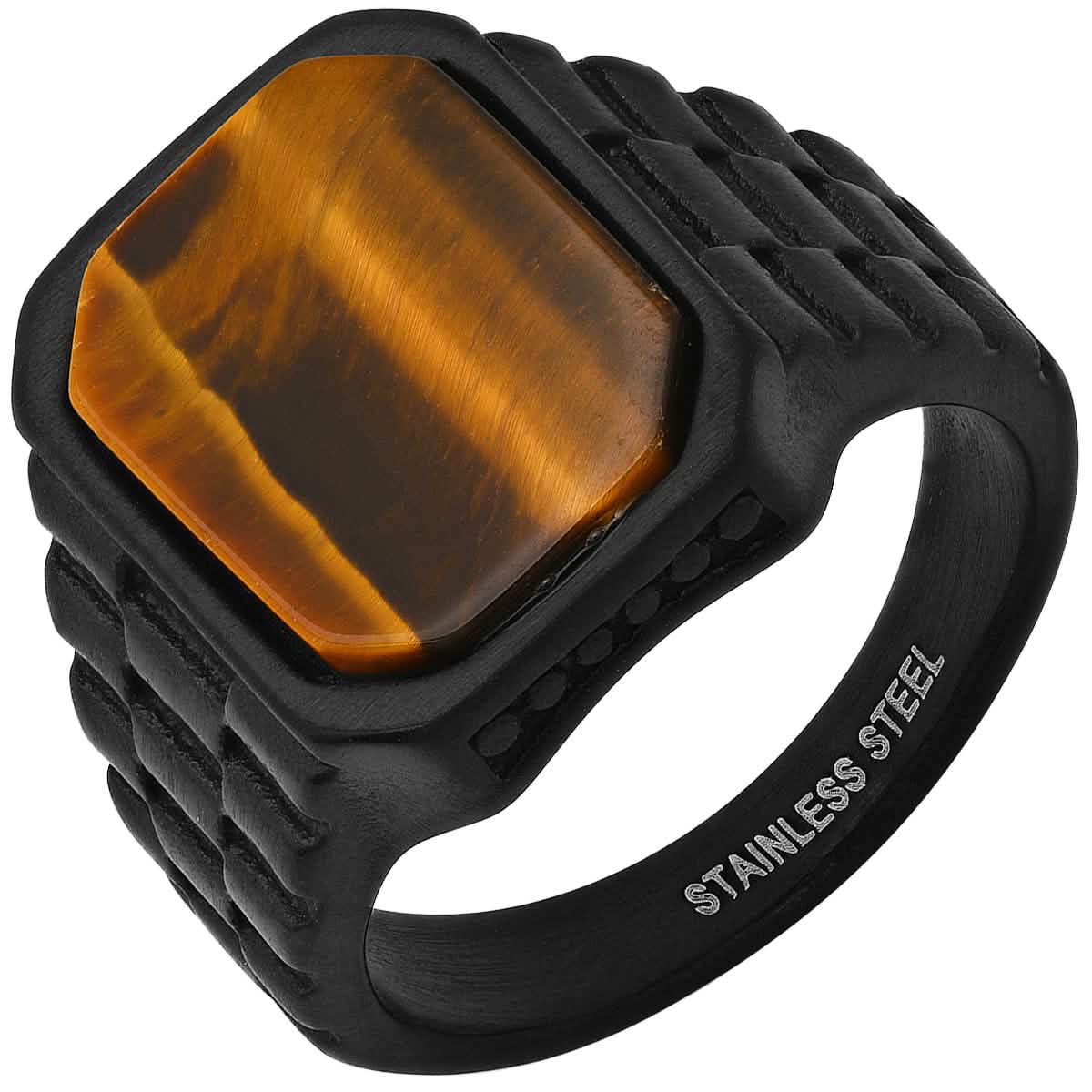 Men's Black IP Stainless Steel and Tiger Eye Ring