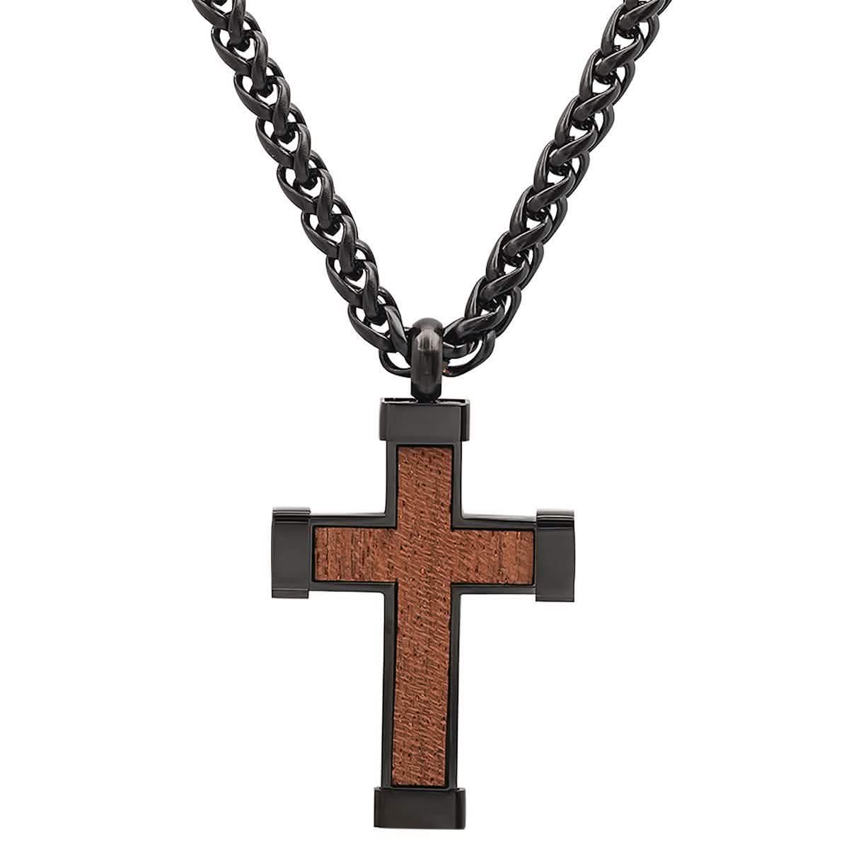 Men's Black IP Stainless Steel and Wood Cross Pendant