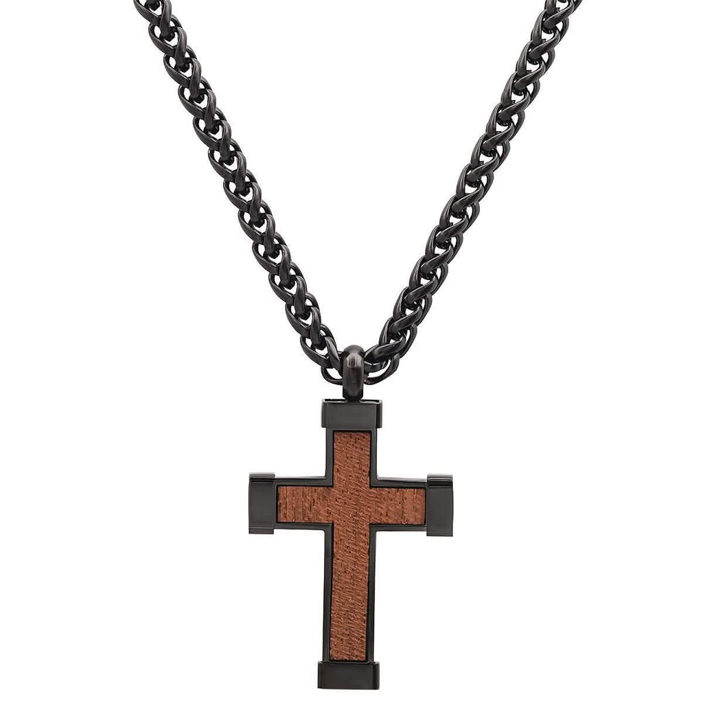 Men's Black IP Stainless Steel and Wood Cross Pendant