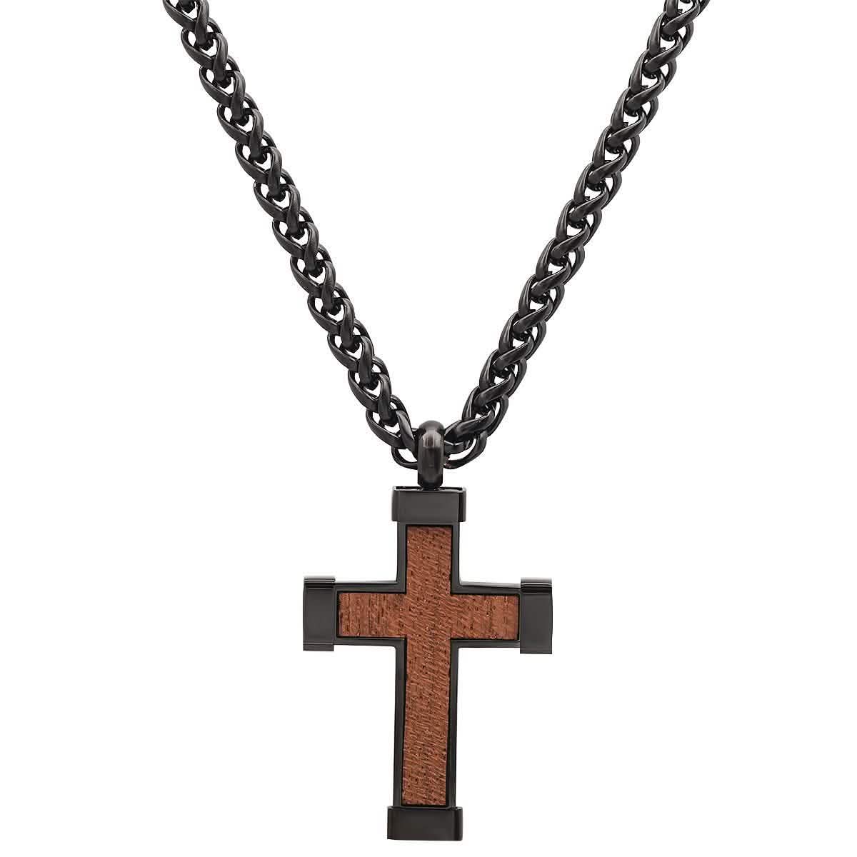 Men's Black IP Stainless Steel and Wood Cross Pendant