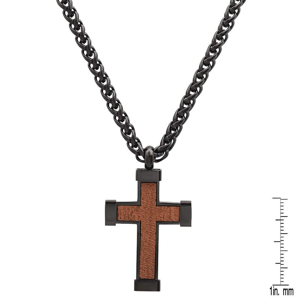 Men's Black IP Stainless Steel and Wood Cross Pendant