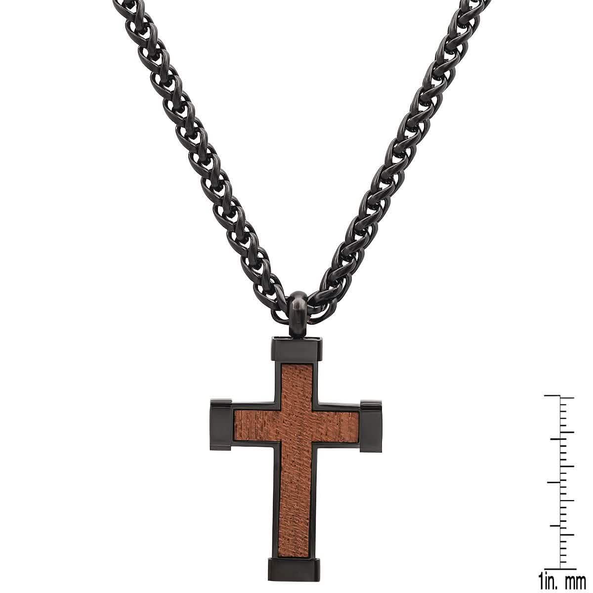 Men's Black IP Stainless Steel and Wood Cross Pendant
