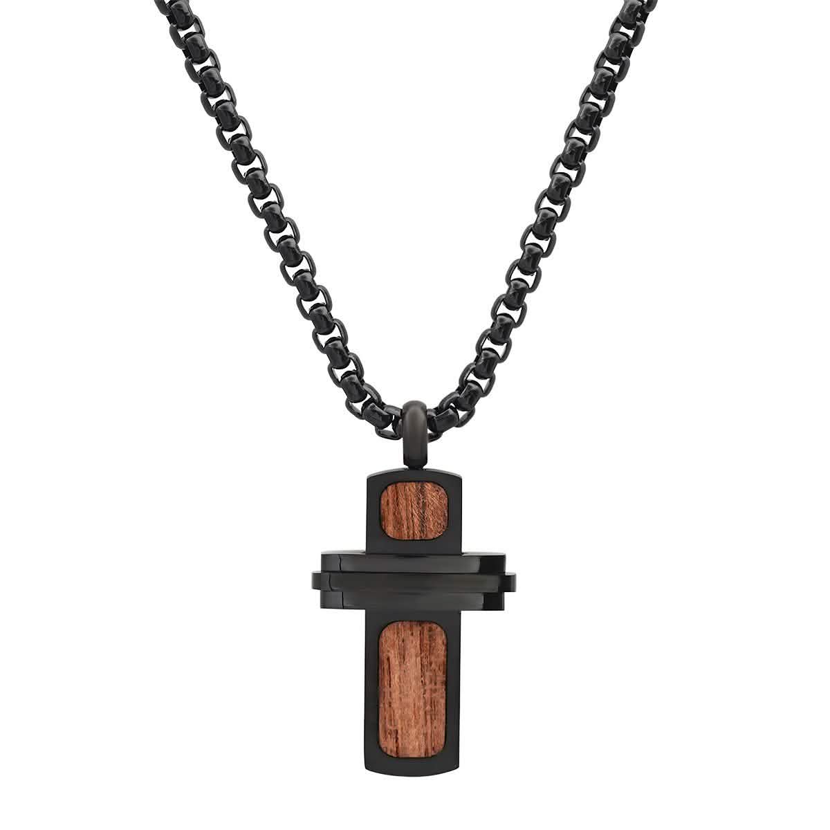 Men's Black IP Stainless Steel and Wood Small Cross Pendant