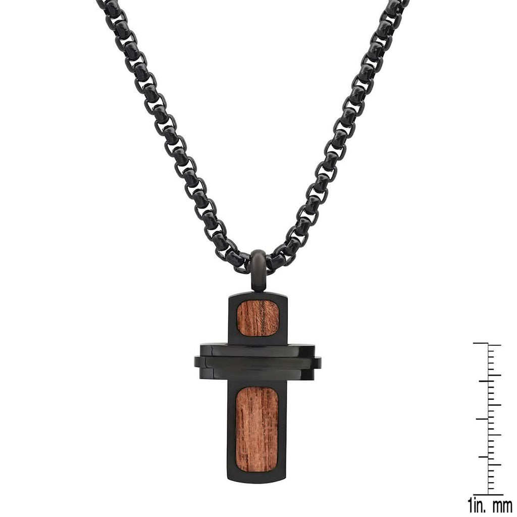 Men's Black IP Stainless Steel and Wood Small Cross Pendant