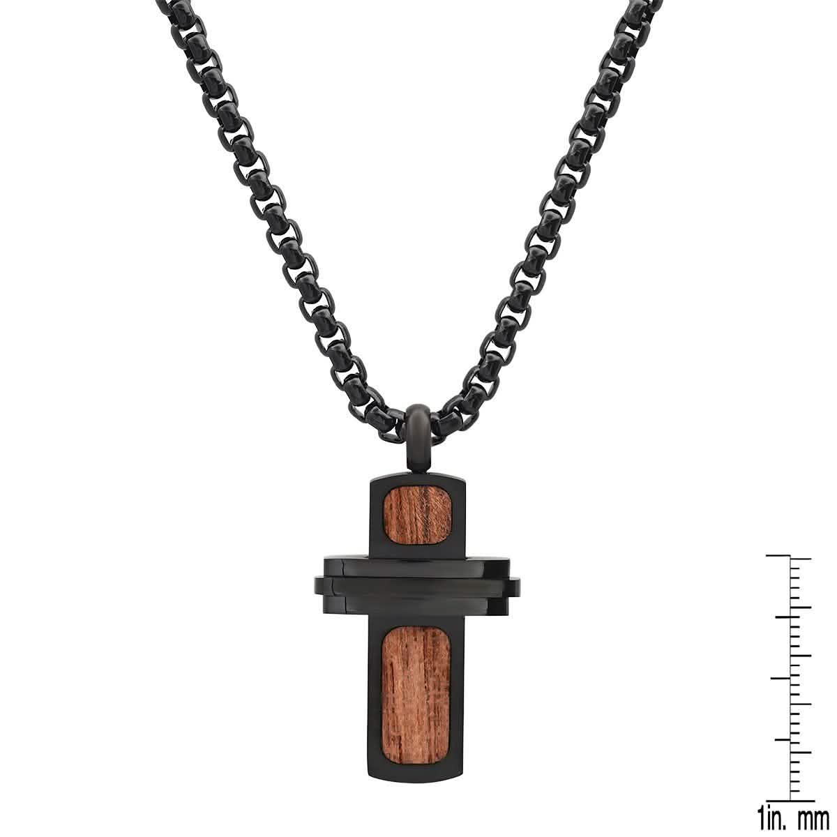 Men's Black IP Stainless Steel and Wood Small Cross Pendant