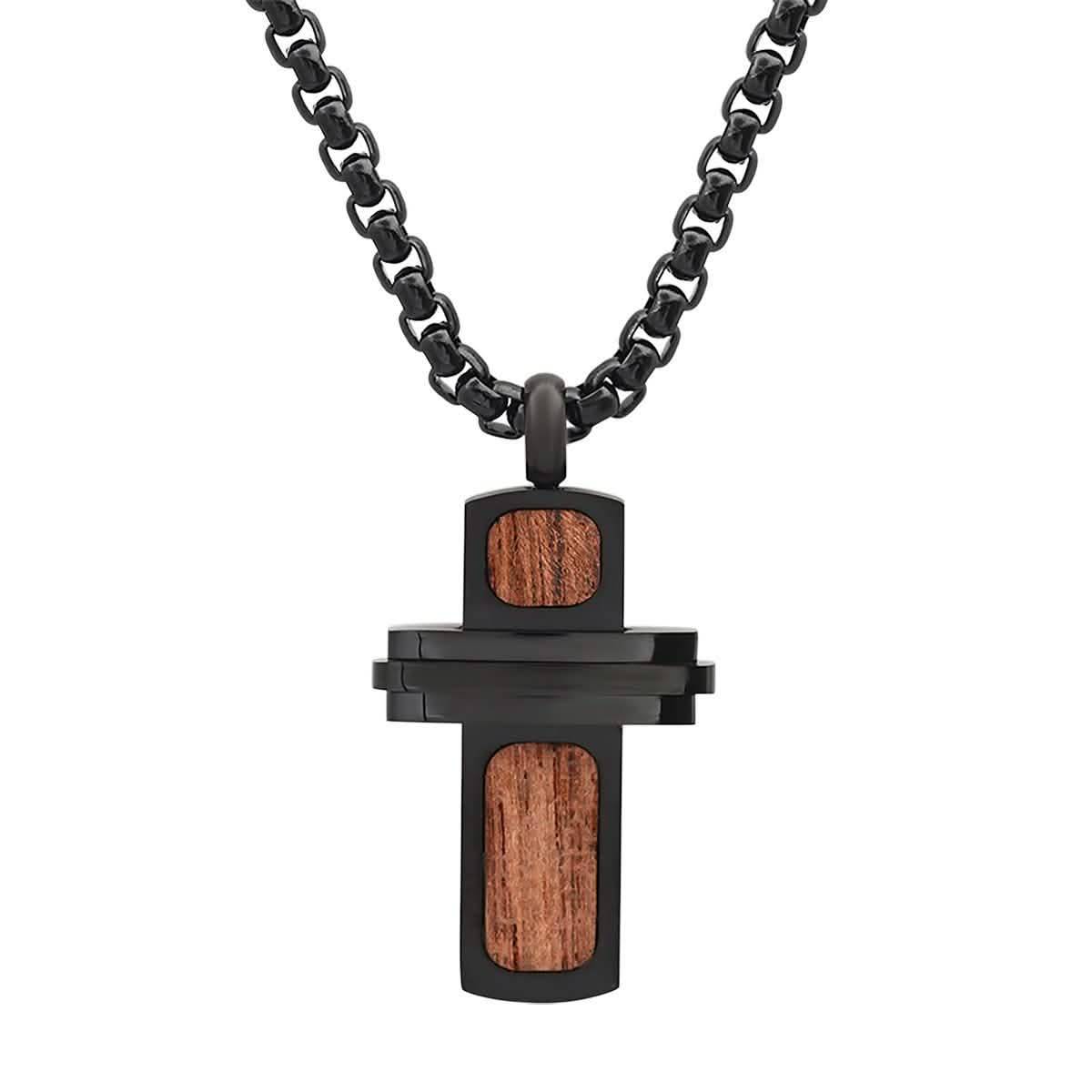 Men's Black IP Stainless Steel and Wood Small Cross Pendant