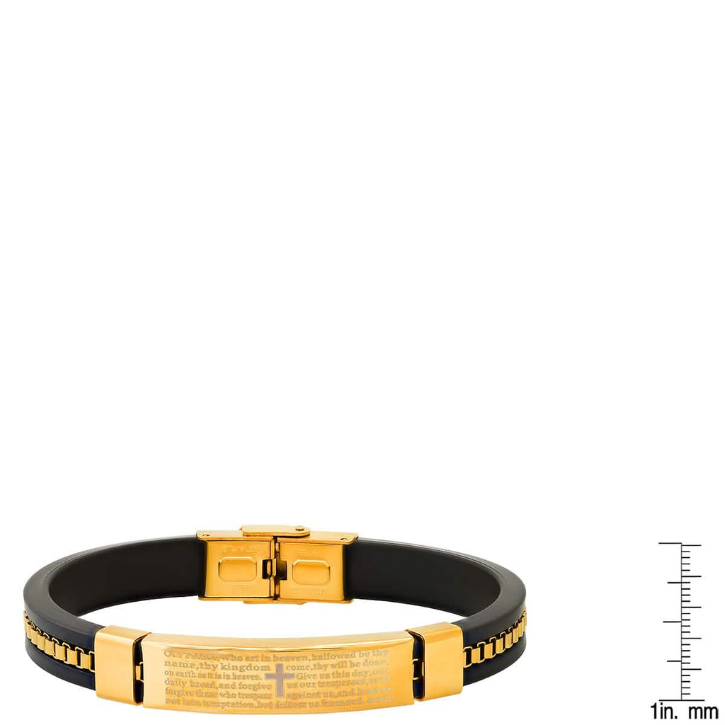 Men's Black Rubber and Stainless Steel Box Inlay Chain Our Father Prayer Bracelet