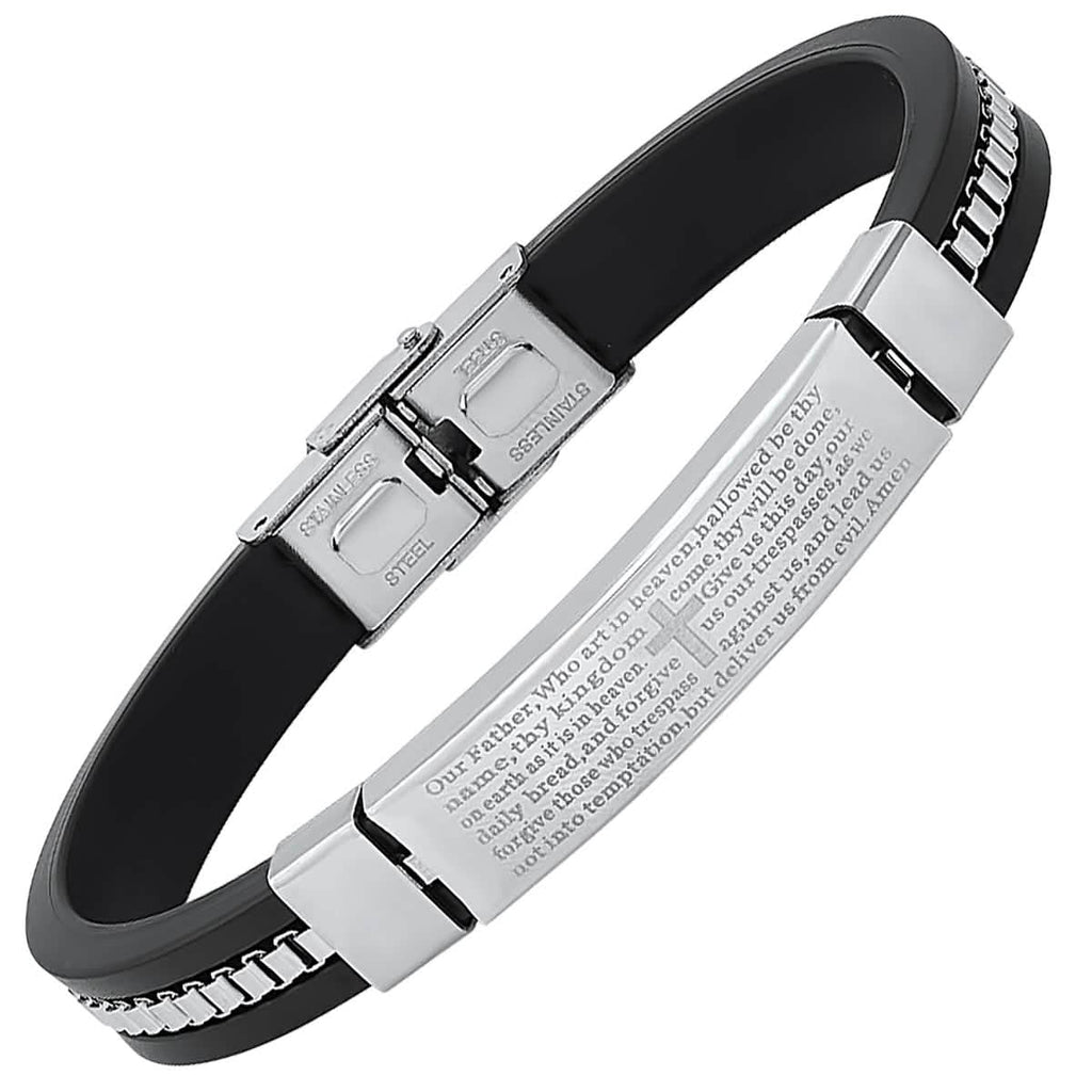 Men's Black Rubber and Stainless Steel Box Inlay Chain Our Father Prayer Bracelet