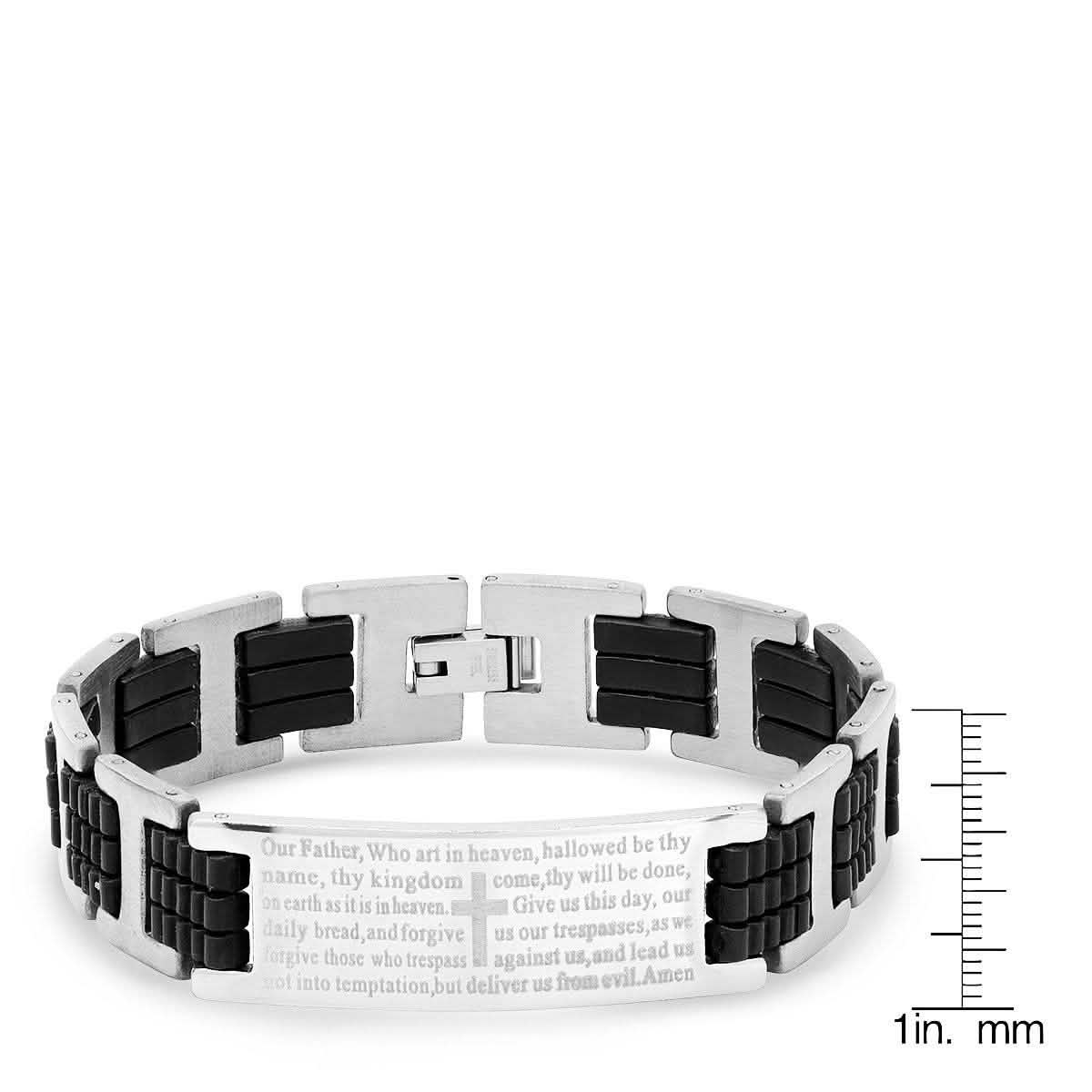 Men's Black Rubber and Stainless Steel Our Father English Prayer ID Link Bracelet