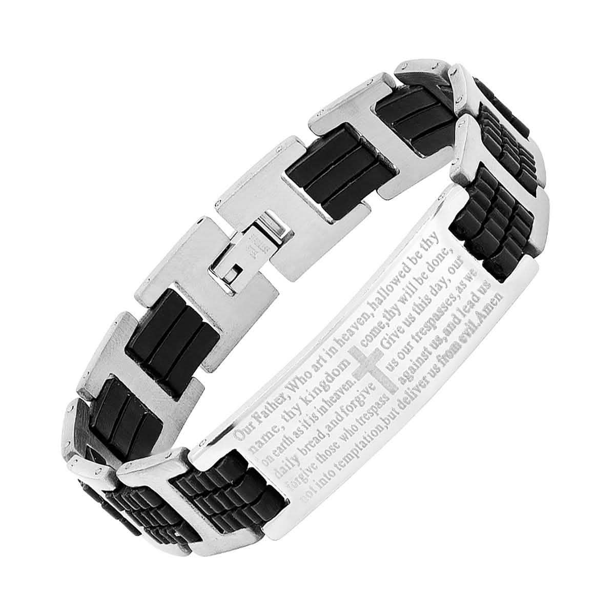 Men's Black Rubber and Stainless Steel Our Father English Prayer ID Link Bracelet