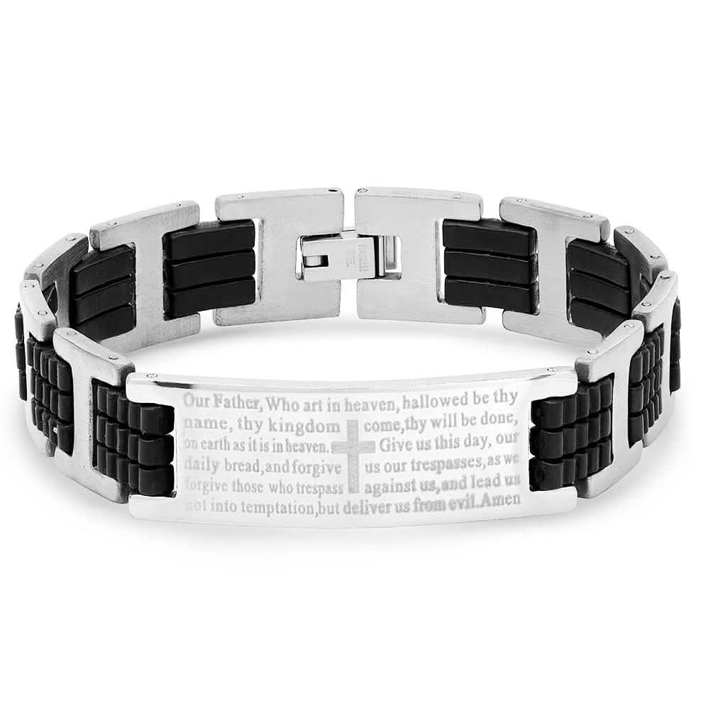 Men's Black Rubber and Stainless Steel Our Father English Prayer ID Link Bracelet