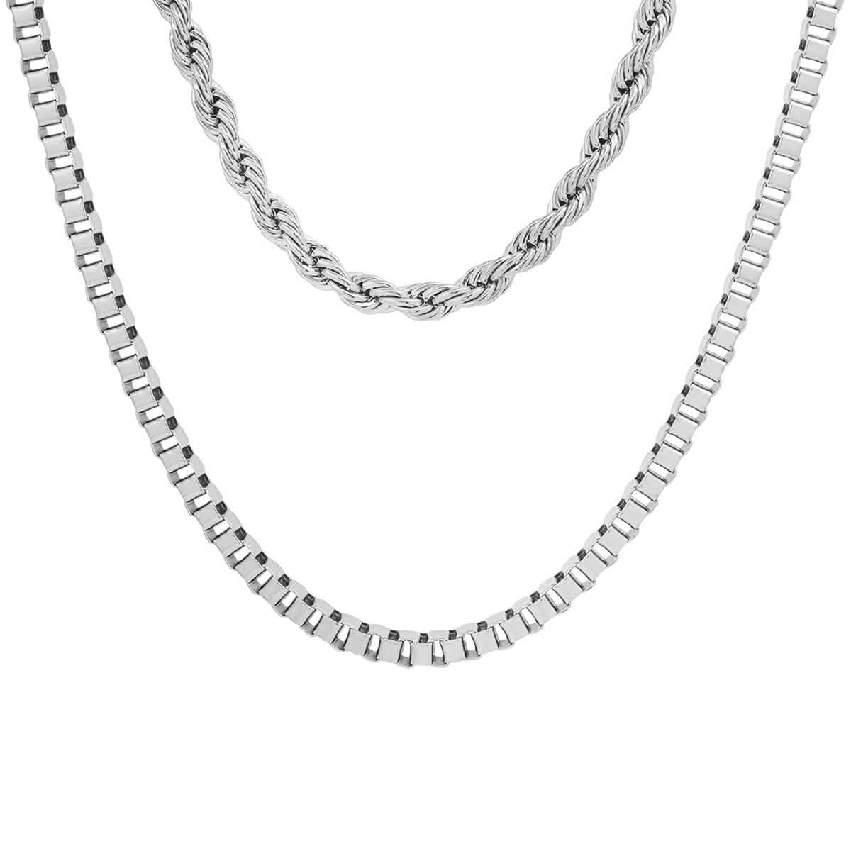 Men's Box Chain and Rope Chain Double Row Necklace
