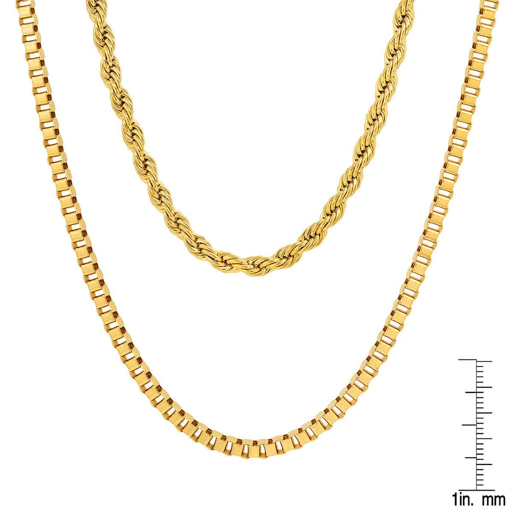 Men's Box Chain and Rope Chain Double Row Necklace
