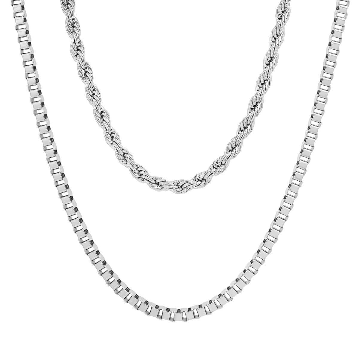 Men's Box Chain and Rope Chain Double Row Necklace