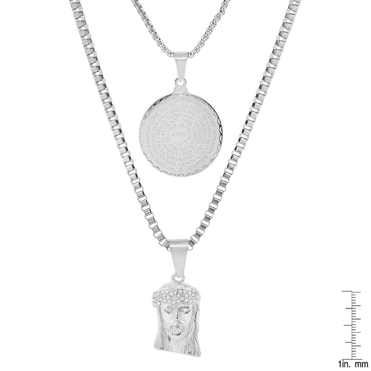 Men's Box Chain Double Row Pendant and Jesus Head Necklace