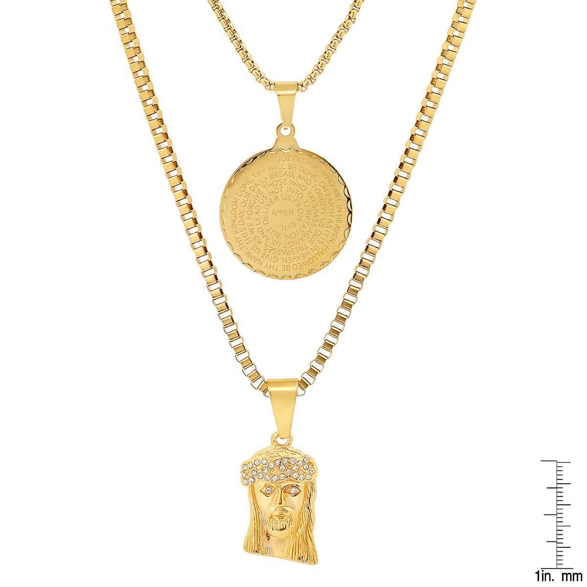Men's Box Chain Double Row Pendant and Jesus Head Necklace